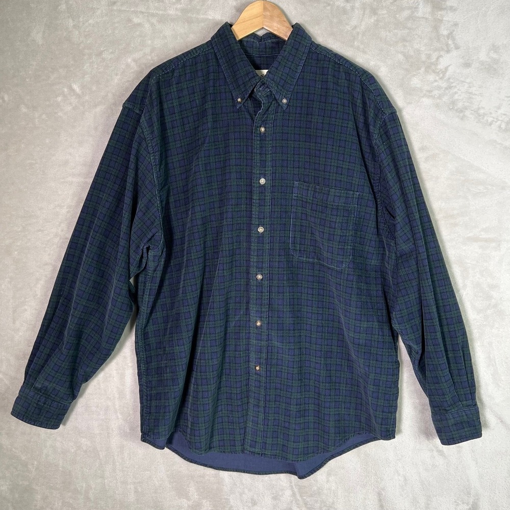 Vintage Eddie Bauer‎ Corduroy Shirt Mens L Button Down Blackwatch Plaid Grunge